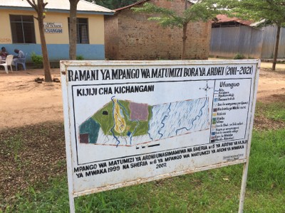 Village Land Use sign outside the village office in Kichangani village, Ulanga district, Morogoro region. Photo: Robin Biddulph 