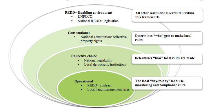 Figure 2: Multi-level institutional framework proposed for forest governance under the REDD+ mechanism. The three institutions visible at the community level where programs are implemented (green) fit within a global REDD+ setting that is supportive of local institutional development.